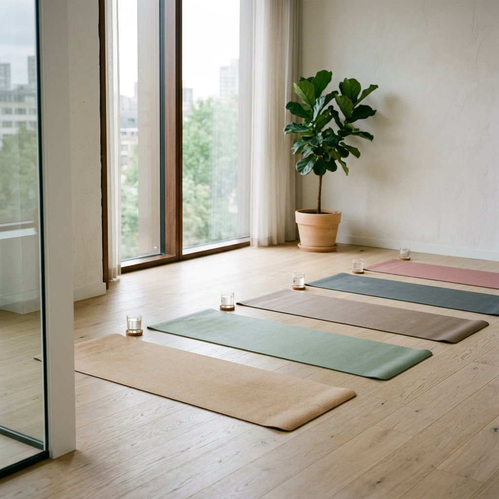 Five yoga mats laid out in a row in a bright meeting room, generated illustration