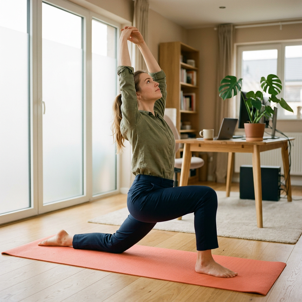 A woman holding a low lunge on a coral mat beside a desk, generated illustration