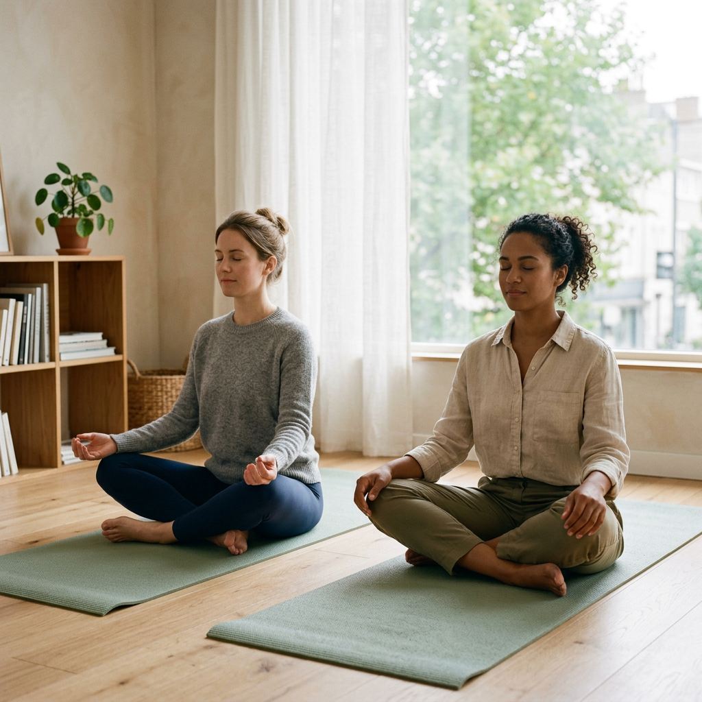 Two colleagues sitting cross-legged with eyes closed on sage mats, generated illustration