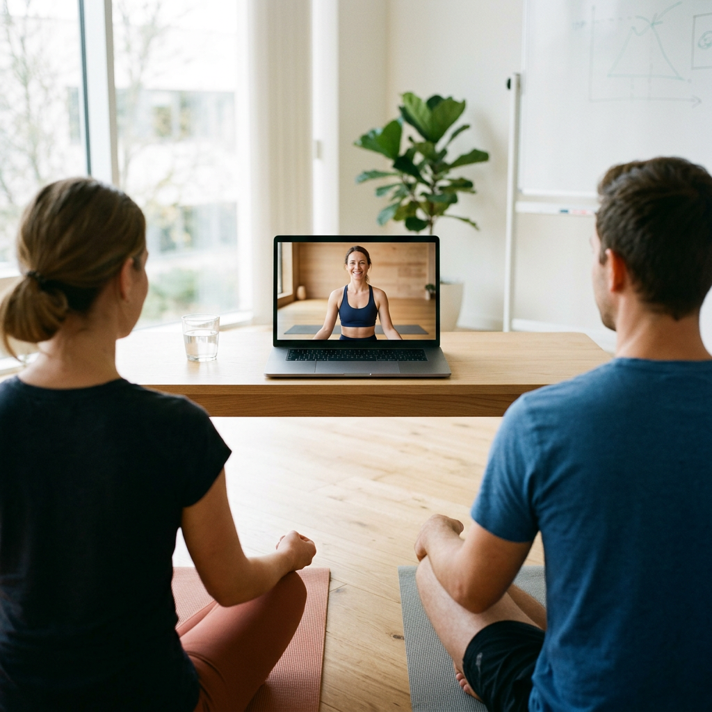 Two colleagues on mats facing a laptop showing a smiling teacher, generated illustration