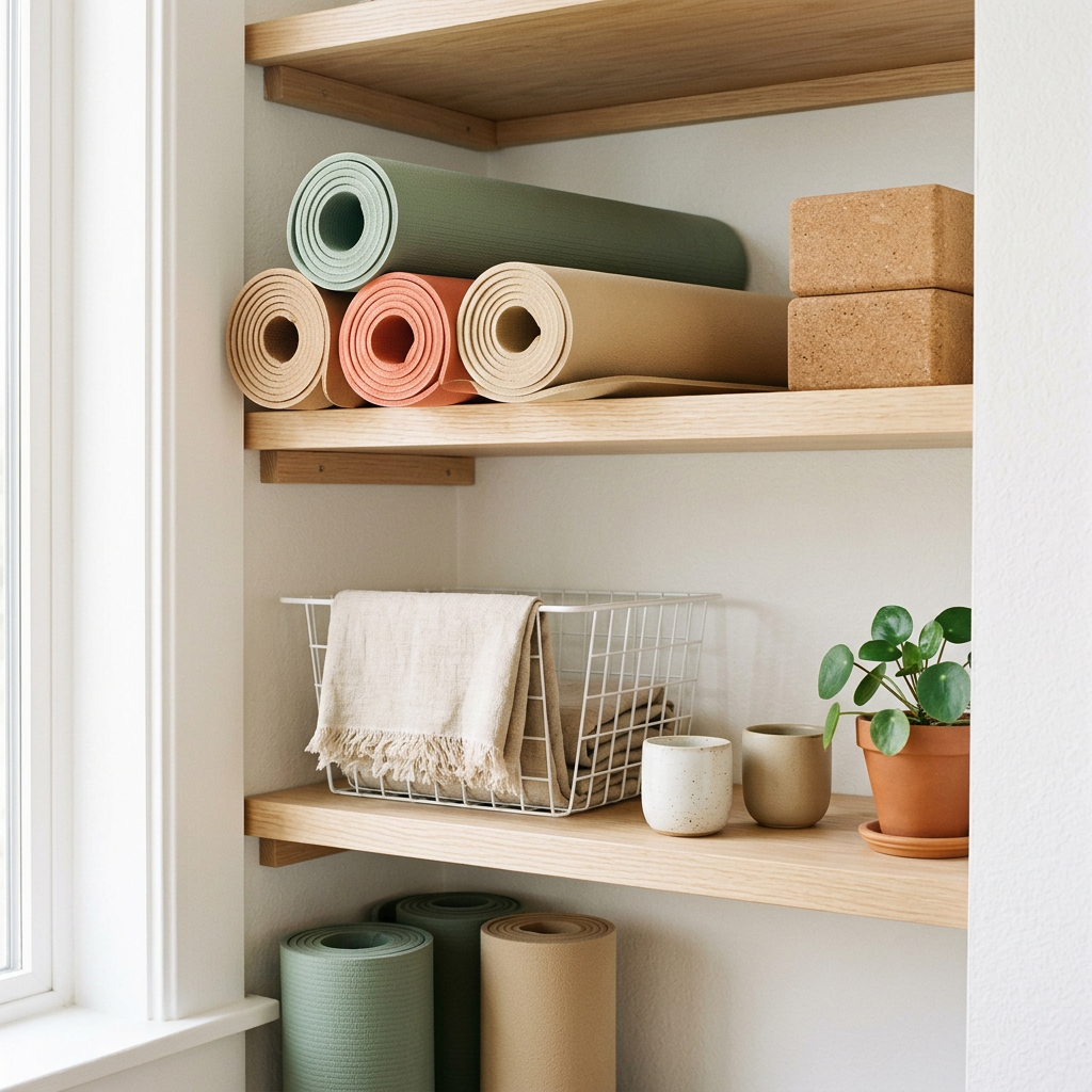 Rolled yoga mats, cork blocks and a linen towel on pale wooden shelves, generated illustration